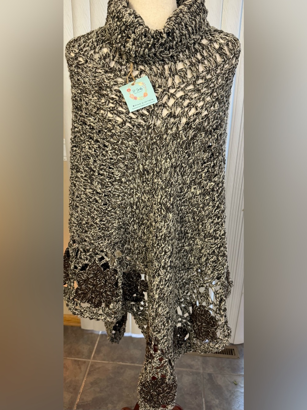 Brown & Gray Crochet Poncho Sweater - Open Weave Turtleneck